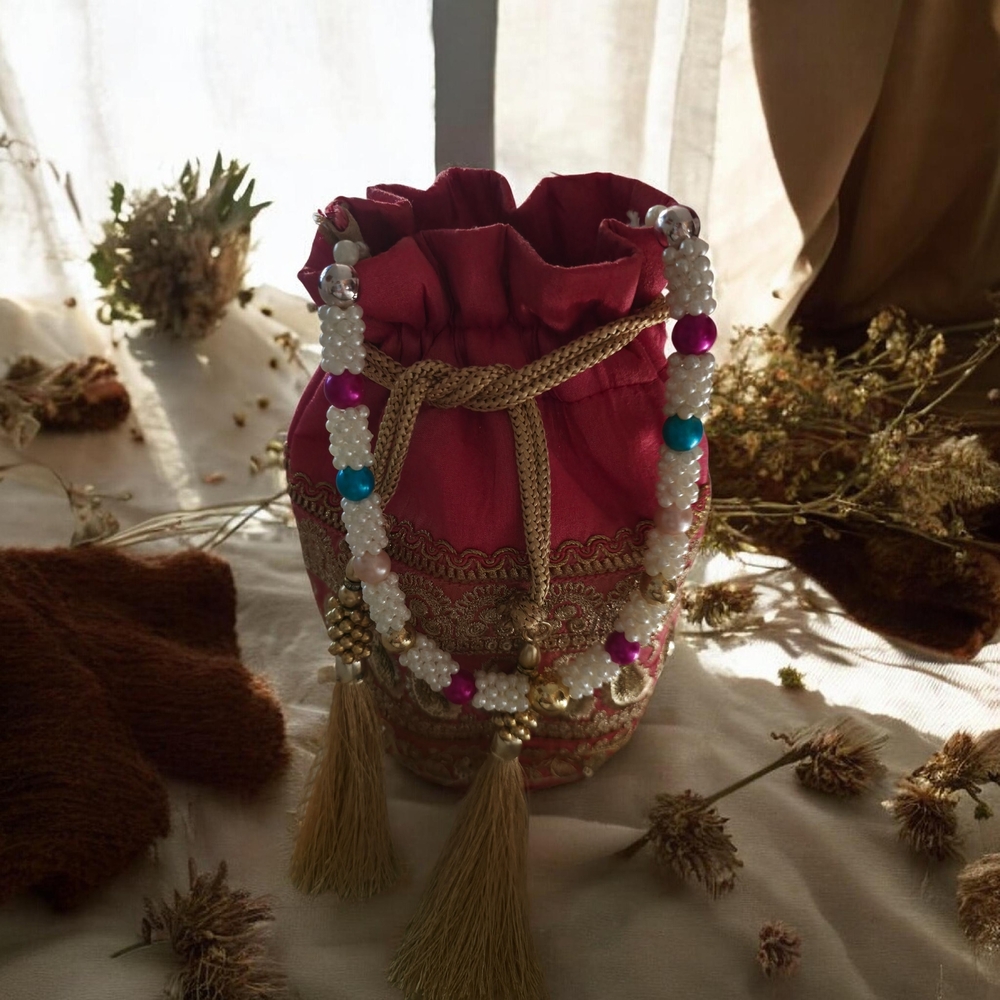 Embroidered Pink Potli Bag with Beaded Pearl Strap
